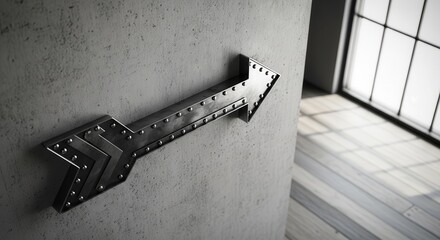 Industrial Direction Indicator Emblem on Concrete Wall with Bright Light and Wood Floor