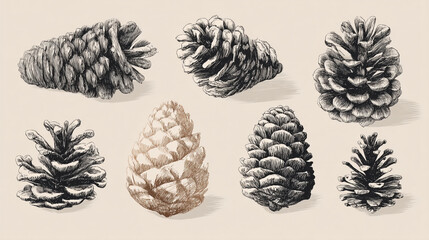 A detailed sketch of a collection of pine cones in various shapes and sizes on beige paper