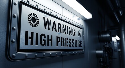 Industrial Warning Sign Displaying High Pressure in a Metallic Environment