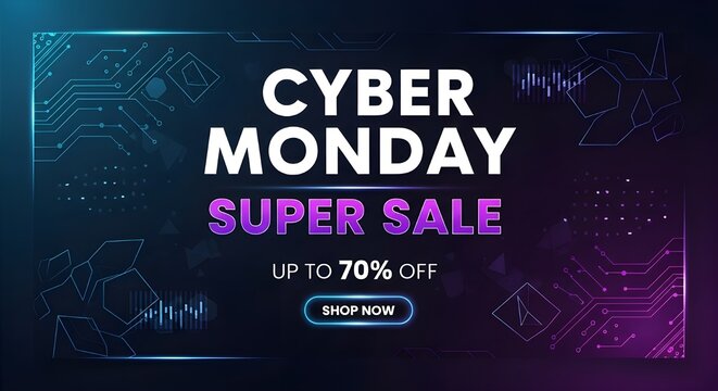 A bold "Cyber Monday Sale" graphic with metallic text and circuit-themed accents, evoking a high-tech vibe.