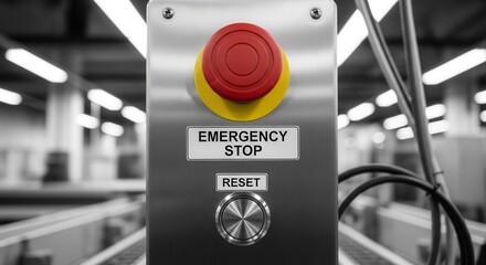 Industrial Emergency Stop Button And Reset Panel In A Modern Assembly Line Process