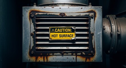 Industrial Equipment's Warning: Caution Hot Surface, Retro Look, Metallic Texture