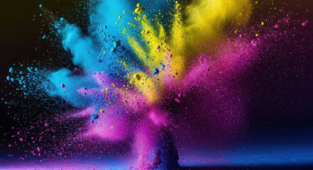 Dynamic explosion of vibrant colorful powder in mid-air creating abstract art