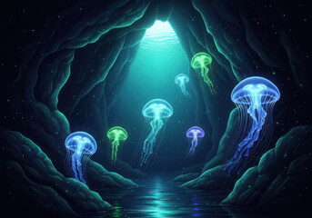 Bioluminescent jellyfish swimming in mystical underwater cave grotto scene