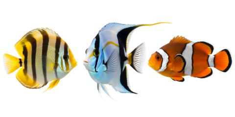 Three colorful tropical fish swimming together in a black background aquarium
