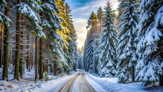 Snow-covered forest road with pine trees in winter landscape