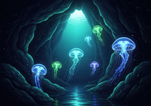 Bioluminescent jellyfish swimming in mystical underwater cave grotto scene