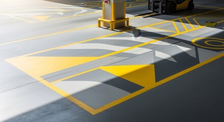 Industrial Floor Marking with Yellow and Gray Designs and a Forklift Present Within the Area