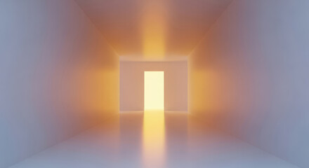 Bright glowing light at the end of a long, minimalist, white abstract corridor
