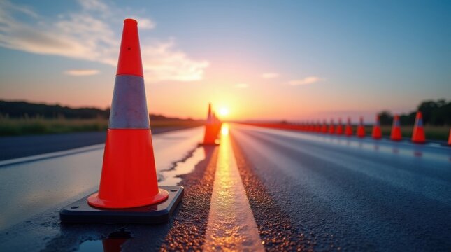 Autopista de asfalto mojado que refleja los colores del atardecer con conos de tr&aacute;fico naranjas alineados