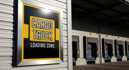 Industrial Freight Yard With Shipping Docks And Cargo Truck Loading Zone Sign