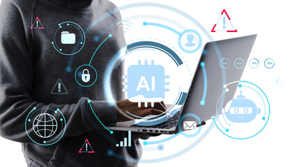 Person holding laptop with AI visual interface, digital tech style, on white background. Concept of artificial intelligence and data security