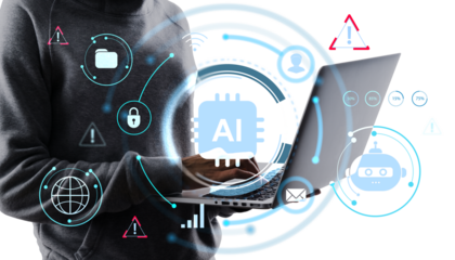 Person holding laptop with AI visual interface, digital tech style, on white background. Concept of artificial intelligence and data security