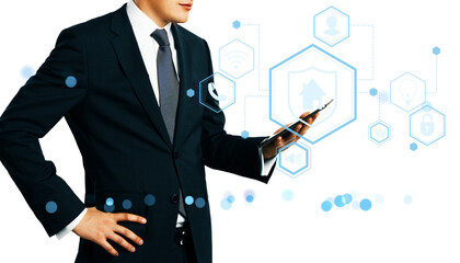 Businessman using smartphone with abstract digital icons, clean graphic style, on white background, concept of mobile interface and technology