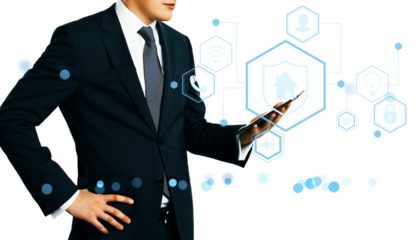 Businessman using smartphone with abstract digital icons, clean graphic style, on white background, concept of mobile interface and technology