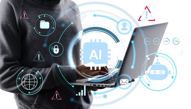 Person holding laptop with AI visual interface, digital tech style, on white background. Concept of artificial intelligence and data security - Powered by Adobe