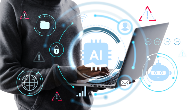 Person holding laptop with AI visual interface, digital tech style, on white background. Concept of artificial intelligence and data security
