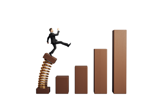 Man in business suit jumping from springboard onto rising bar chart, isolated on white background, expressing breakthrough and ambitious growth
