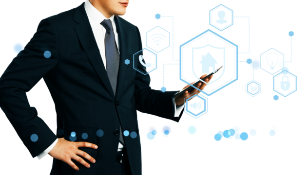 Businessman using smartphone with abstract digital icons, clean graphic style, on white background, concept of mobile interface and technology