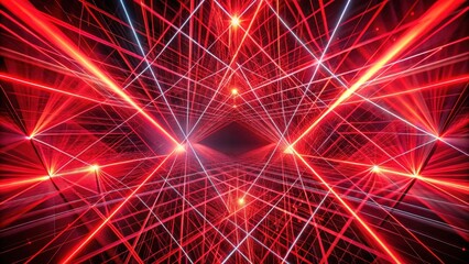 Red laser beams intersect in mid air with abstract geometric shapes