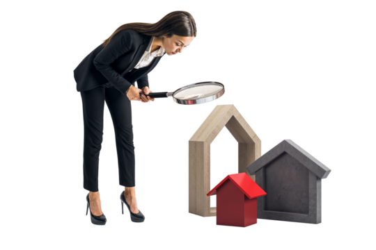 Female businesswoman closely inspecting house-shaped property models using magnifying glass, isolated on white background, real estate concept - Powered by Adobe