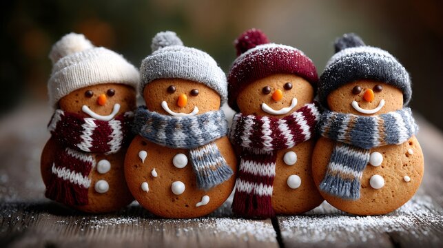 Gingerbread snowman cookies wearing hats and scarves for holiday cheer