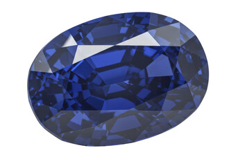 Isolated blue sapphire precious stone, oval faceted gem reflecting light, jewelry material