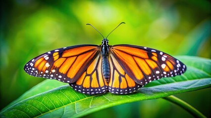 Fototapeta premium Delicate wings of monarch butterfly on green leaf