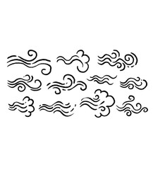 Fototapeta premium Hand Drawn Wind, Smoke, or Steam Doodle Elements Set. Black Sketchy Flowing Lines and Air Movement Symbols. Vector Collection.
