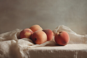 Minimal Still Life of Peaches on Linen Fabric with Natural Light