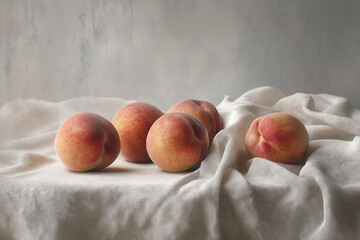 Minimal Still Life of Peaches on Linen Fabric with Natural Light