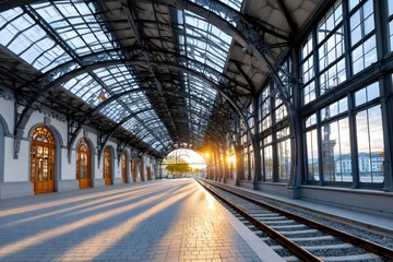 Empty train station platform at sunrise with warm light