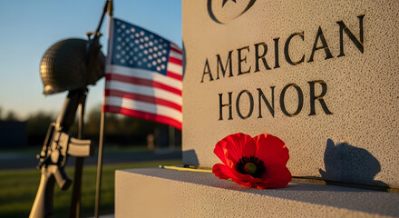 Pay tribute to American heroes with this powerful image of a poppy, flag, and monument symbolizing honor and remembrance for Memorial Day or Veterans Day