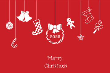 Christmas decorations on a red background. Merry Christmas text. decorations on a string. christmas banner vector.eps