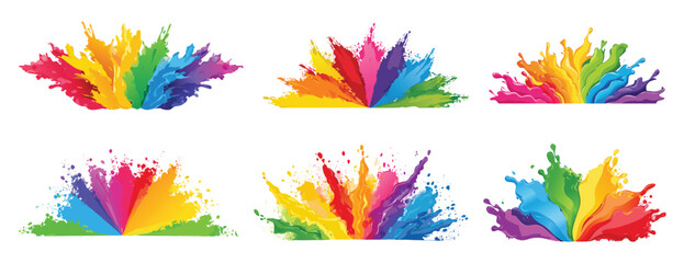Set of six colorful rainbow paint holi gulal explosion splashes and bursts on white background.
