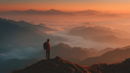 A solitary hiker stands on a mountain peak, witnessing a breathtaking orange sunrise over a vast sea of clouds and layered peaks.