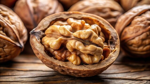 Close-up of unshelled walnut with its hard outer shell and delicate inner kernel exposed