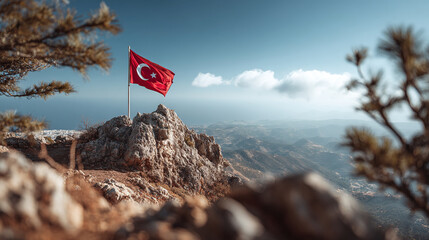 Turkish flag waving atop a rocky mountain peak against a hazy blue sky background view