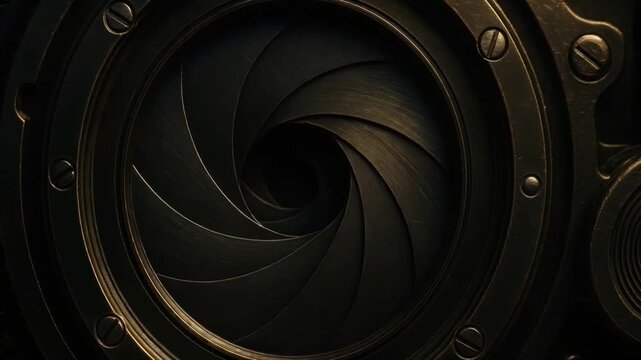 Camera aperture close up showcasing metal lens blades and screws with vintage photography equipment, detailed mechanical shutter mechanism, textured metallic surface, precision engineering spiral