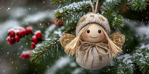 Obraz premium Handmade angel ornament hanging on snowy christmas tree