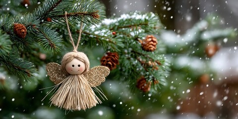 Obraz premium Handmade angel ornament hanging on snowy pine branch