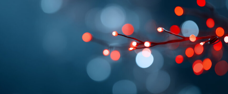 Close-up of glowing red LED lights on thin branches with blurred blue and red bokeh background in low light