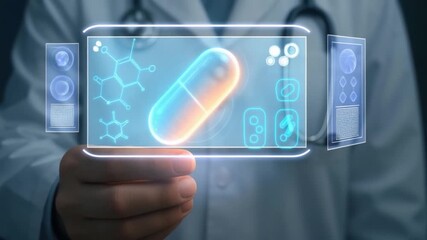 Futuristic medical technology with glowing capsule and chemical formula hologram in digital interface showcasing pharmaceutical innovation for healthcare and doctor in white coat - Powered by Adobe