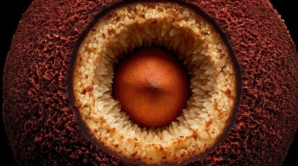 Close view of a unique fruit showing its textured surface and seed