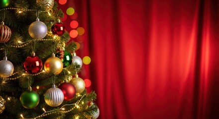 Decorated Christmas Tree with Colorful Ornaments and Lights Against Red Curtains, Copy Space