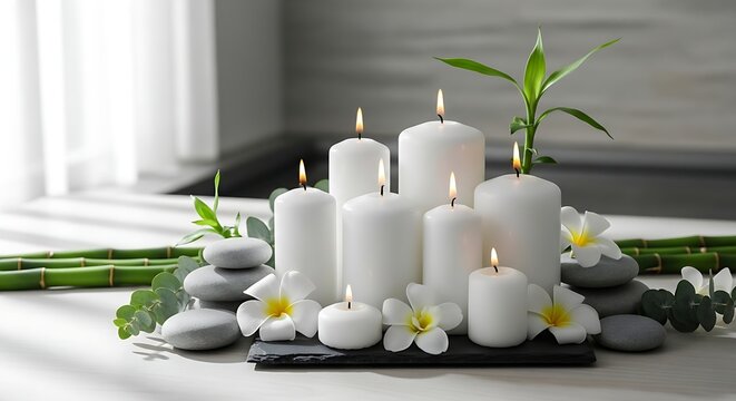 Group of white burning candles with stones and flowers, calm spa and wellness concept, soft bright lighting.