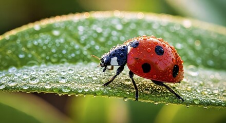 Naklejka premium A ladybug on a leaf, covered in tiny, sparkling morning dewdrops 