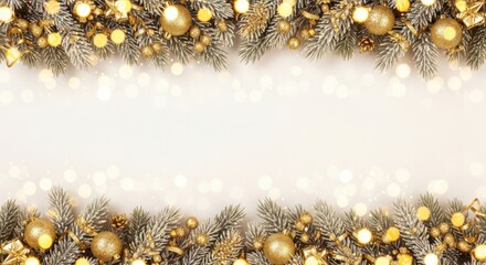 Christmas Border Frame with Snowy Pine Branches, Gold Ornaments, and Bokeh Lights