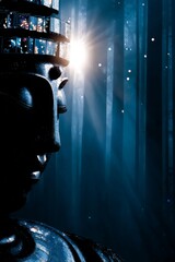 Serene Dark Statue Surrounded by Mystical Blue Light in Forest
