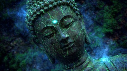 Serene Buddha Sculpture with Mystic Green Patterns and Tranquil Aura